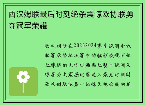 西汉姆联最后时刻绝杀震惊欧协联勇夺冠军荣耀