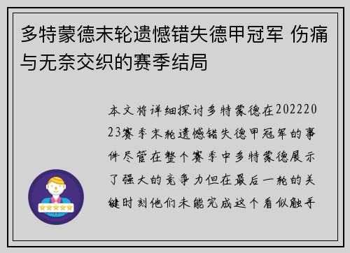 多特蒙德末轮遗憾错失德甲冠军 伤痛与无奈交织的赛季结局