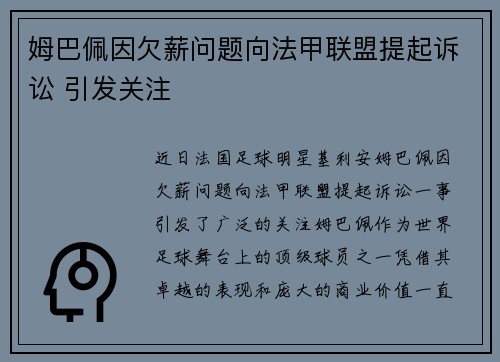 姆巴佩因欠薪问题向法甲联盟提起诉讼 引发关注 姆巴佩因欠薪问题向法甲联盟提起诉讼 引发关注
