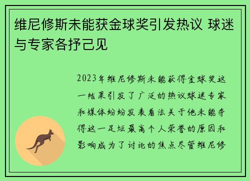维尼修斯未能获金球奖引发热议 球迷与专家各抒己见